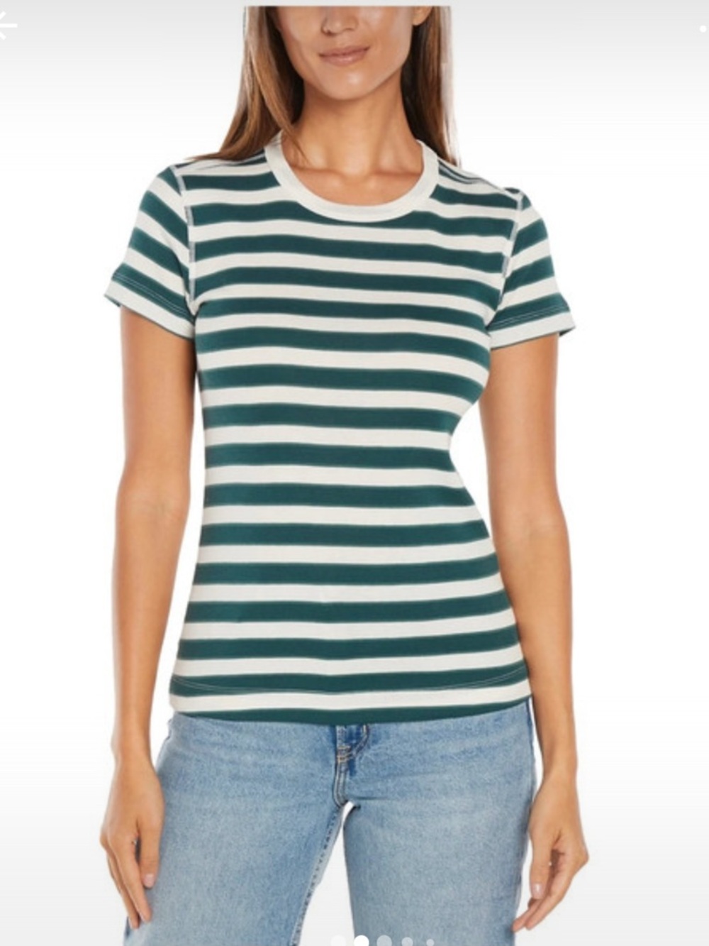 Three Dots Classic Ribbed Crewneck inTeal and White Striped Short Sleeve Tee